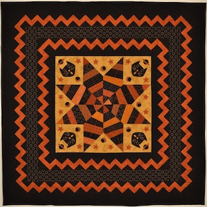 May include: A square quilt with a Halloween theme. The quilt features a central starburst design in shades of orange and black, surrounded by a border with cat faces, stars, and a zig-zag pattern. The background is black.