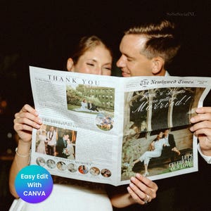 Vorlage für eine Hochzeitszeitung | Individuelles Kreuzworträtsel im Hochzeitsprogramm | Druckbarer Zeitplan für die Hochzeit | Bearbeitbare Canva-Vorlage