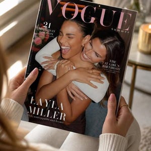 May include: A Vogue magazine cover titled 21 Birthday Edition featuring a photograph of two people embracing and smiling. The text reads Vogue, 21 Birthday Edition, Summer, The It Girl's Birthday, Layla Miller, and Hot, unstoppable and Iconic.