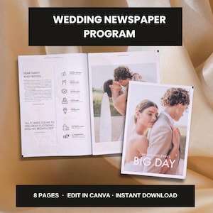 Op de afbeelding: Een trouwkrant-sjabloon van acht pagina's met tekst, iconen en foto's van een koppel. De voorpagina bevat de tekst 'CAROUNE AND JOHN'S BIG DAY' en de binnenpagina's tonen een dagschema en een brief aan de gasten voor de bruiloft.