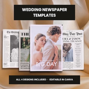 Op de afbeelding: Een set van vier trouwkrant-sjablonen met zwart-wit tekstlay-outs en een centrale kleurenfoto van een koppel. De ontwerpen bevatten koppen zoals The Wedding, Wedding Day Post en Caroline and John's Big Day.
