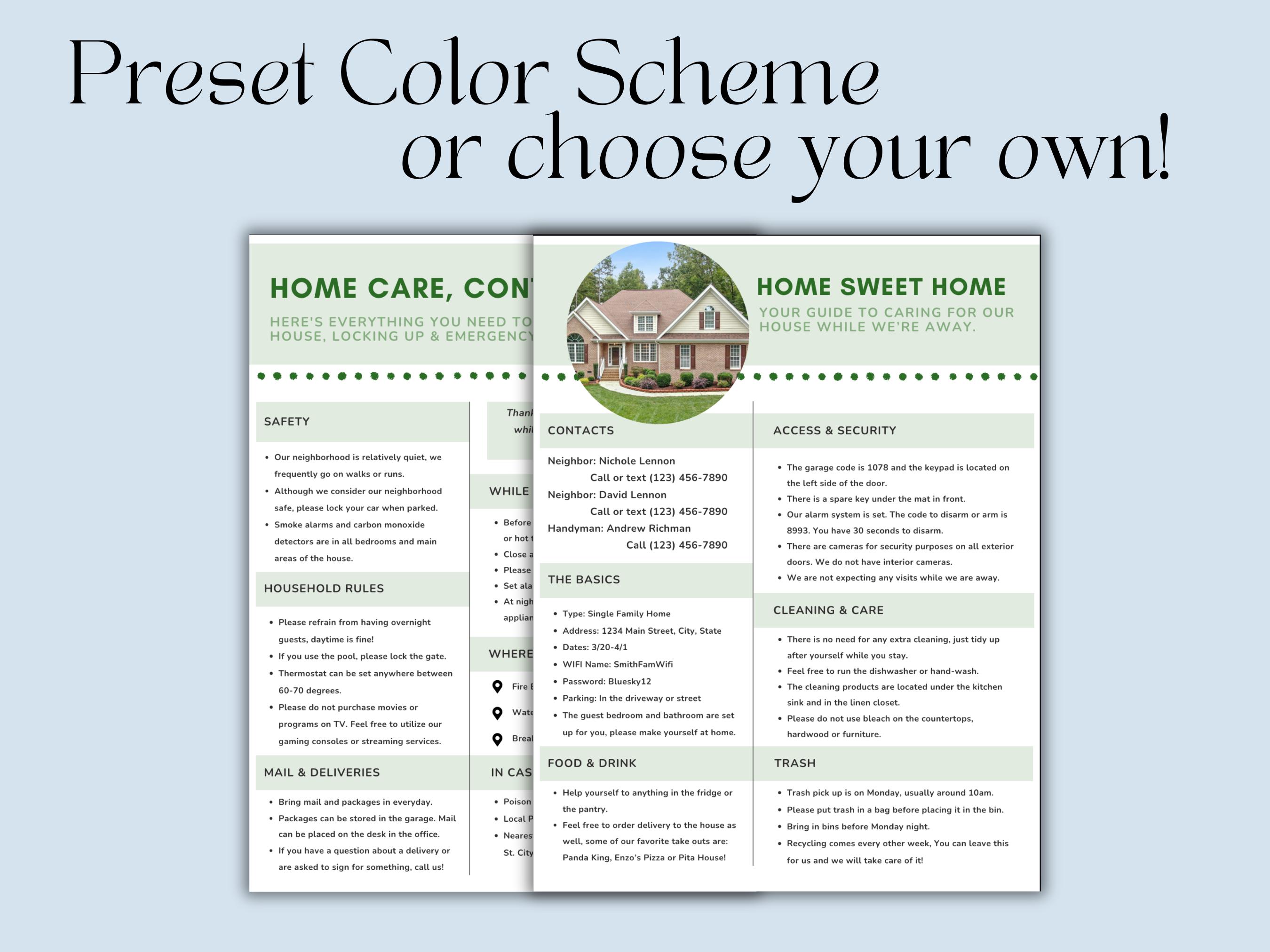 House Sitter Information Pages, Editable House Sitting Template for ...
