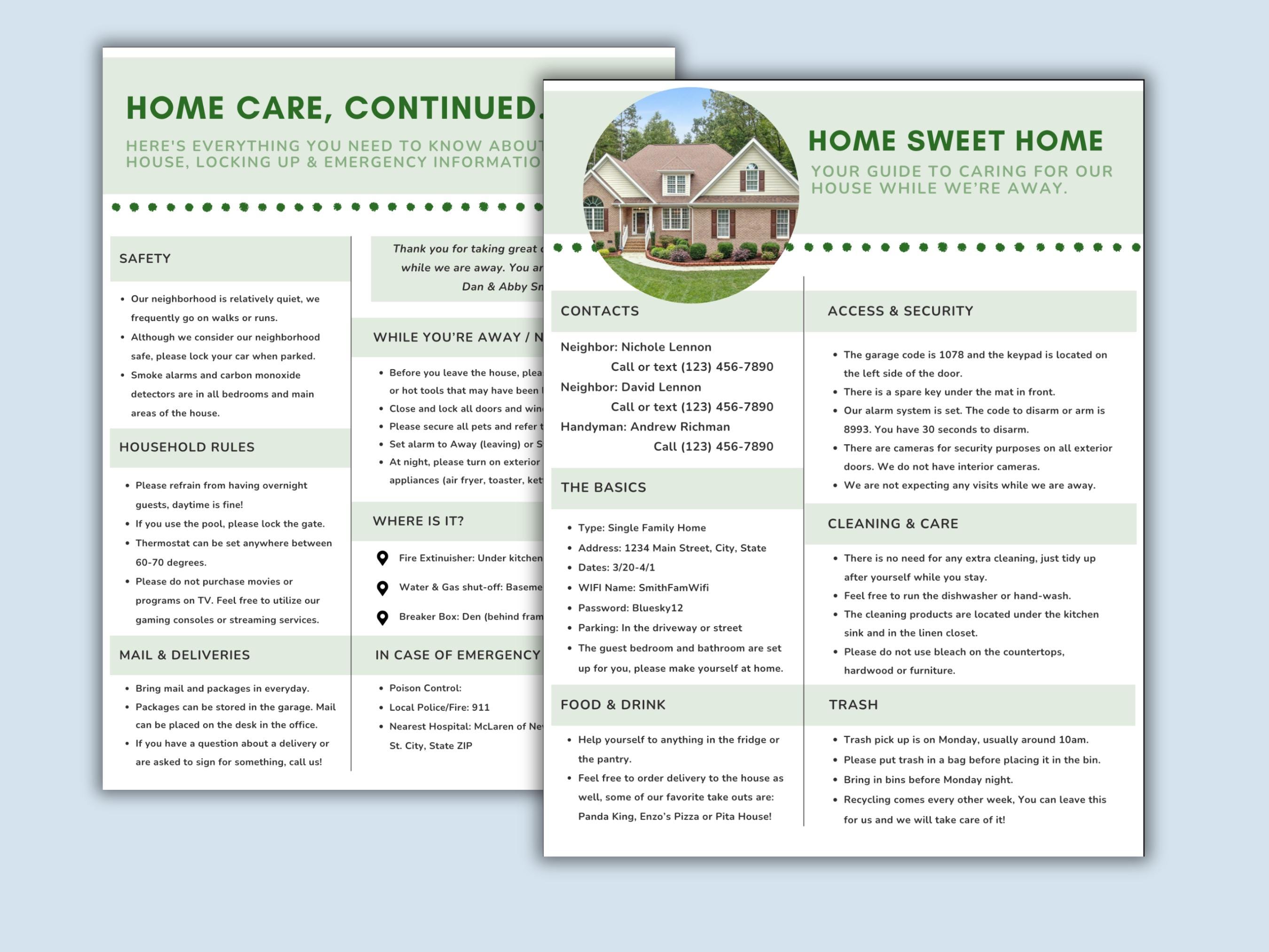House Sitter Information Pages, Editable House Sitting Template for ...