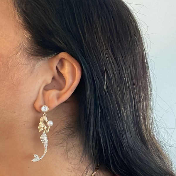 Mermaid drop earrings | Anniversary Gift | Gift For Her | Gold Mermaid earrings | Wedding Gift | Mermaid Pearl Earrings | Mermaid Gift