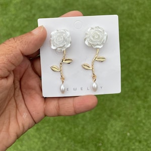 Rose Drop Earrings | Wedding Gift  | Birthday Gift | Rose dangle earrings | Rose Earrings | White Rose Dangle Earrings | Easter Gift