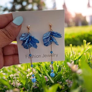 Blue Petal Drop Earrings | Flower Drop Earrings | Petal Dangle Earrings | Floral Drop Earrings | Petal Earrings for Women | Wedding Gift