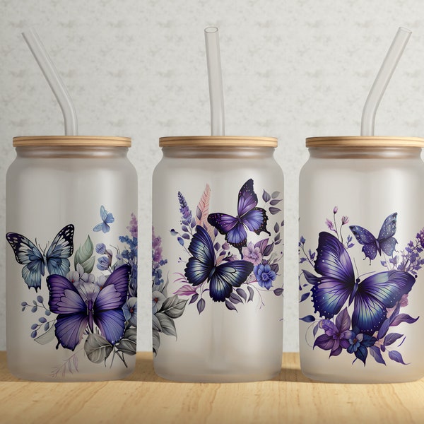 Purple Flowers & Butterflies • Libbey Can Tumbler Wrap PNG File • Girly Patterns • Glass Can Sublimation Design • Digital File