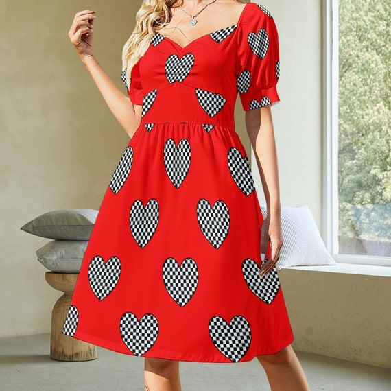 red and black heart dress Womens Love & Roses Black Heart Metallic V-Neck Puff Sleeve Midi Dress US 8