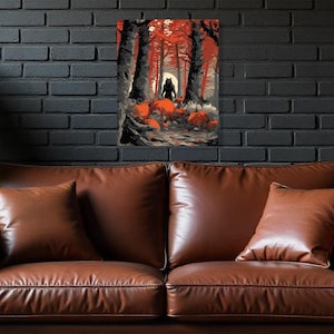 Abstract Boho Style Halloween Wall Art Print featuring a wolfman in a forest surrounded by pumpkins. Fall season. Wolfman 1