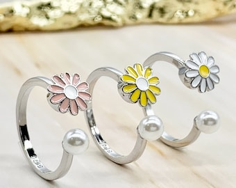 Anxiety Ring Spinner for Woman, Flower and Pearl Fidget ring rotating spinner ring worry Ring ADHD Ring for anxiety, Spin ring for woman