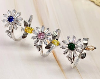 Anillo de ansiedad Spinner para mujer, flor y abeja Fidget anillo giratorio giratorio anillo preocupación Anillo TDAH Anillo para la ansiedad, Anillo giratorio para mujer