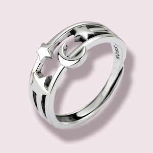 Crescent Ring Star Ring S925 Sterling Silver Stars and Crescent Moon Adjustable Ring, Nature Inspired Ring