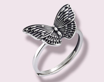 Anneau papillon élégant S925 Argent sterling véritable, bague réglable papillon noir pour femme