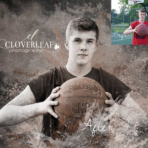 May include: A young person holding a brown basketball with white text that reads "SPALDING" in a grunge-style photo edit. The text "Cloverleaf photography" is in the top left corner of the image. The text "Before" and "After" are written in the image.