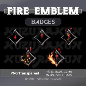 May include: A set of six black and silver badges with a red gem and flames. The badges feature the text "KIZUNAKUN" in a stylized font. The badges are available in six different sizes: 18x18, 28x28, 36x36, 56x56, 72x72, and 112x112 pixels. A bonus 1080x1080 pixel version is also included.