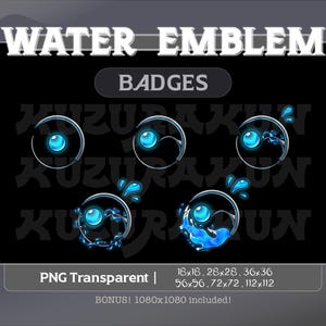 May include: A set of five blue water emblem badges with different designs. The badges are in various sizes, including 18x18, 28x28, 36x36, 56x56, 72x72, and 112x112 pixels. The badges are PNG transparent and a 1080x1080 pixel bonus is included.