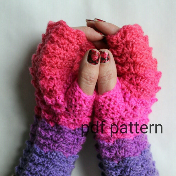 Dragon Scale Fingerless Gloves Crochet Pattern, quick easy crochet textured gloves project