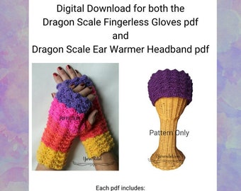 May include: A digital download crochet pattern bundle for fingerless gloves and an ear warmer headband. The gloves are multi-coloured with a pink, orange, and yellow colour scheme. The headband is purple. The image includes the text "Crochet Pattern Bundle", "Dragon Scale Fingerless Gloves pdf", "Dragon Scale Ear Warmer Headband pdf", "Each pdf includes: Written instructions in Standard US Crochet Terms Yarn suggestions & yardages Stitch abbreviation chart Headband pattern includes multiple sizes Gloves pattern includes step-by-step photos".