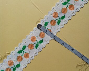 2" wide vintage oranges and white lace trim, 1 1/3 yards 1970's fashion or home decor trim