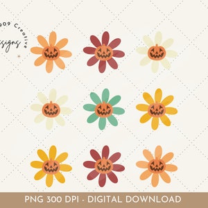 Puede incluir: Nueve ilustraciones digitales de flores con cara de calabaza en varios colores oto&ntilde;ales, incluyendo amarillo, naranja, rojo, verde y crema. Las flores tienen ocho p&eacute;talos y una cara de calabaza en el centro. PNG 300 DPI - DESCARGA DIGITAL