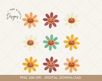 Retro Halloween Flower Jack O Lantern PNG, Groovy Spooky Season (Digital Download)