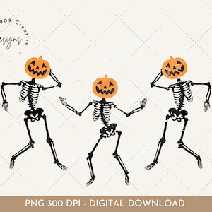 May include: Three black skeletons with pumpkin heads are dancing. The pumpkins are orange with black eyes and a carved smile.