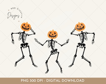 Dancing Pumpkin Head Skeleton PNG, Retro Halloween (Digital Download)