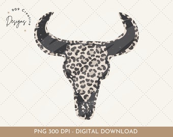 Leopard Longhorn Skull PNG, Western Cowgirl Clipart (Digital Download)