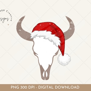 May include: A white bull skull wearing a red and white Santa hat with a white pom-pom.