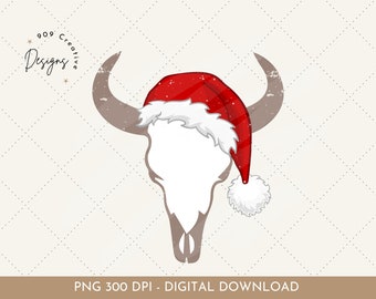 Western Christmas Longhorn Skull, Leopard Print Cowgirl Clipart (Digital Download)
