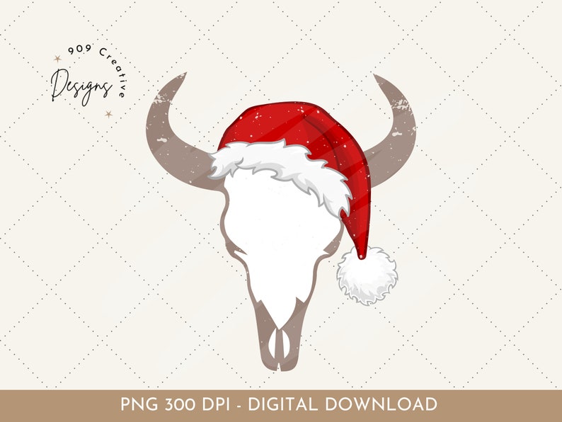 May include: A white bull skull wearing a red and white Santa hat with a white pom-pom.