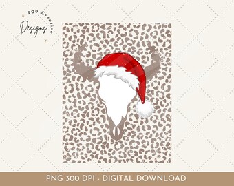 Western Christmas Longhorn Skull, Leopard Print (Digital Download)
