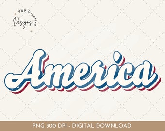 Puede incluir: Un diseño gráfico que presenta la palabra "America" en una fuente blanca en negrita con contornos rojos y azules. El texto tiene un efecto 3D y se coloca sobre un fondo blanco.