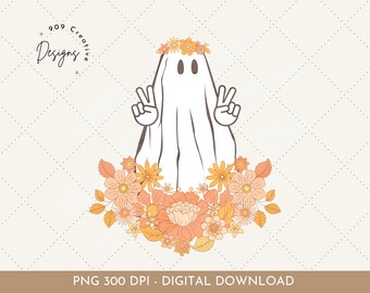 Boho Halloween Ghost PNG, Floral Retro Fall Shirt Design (Digital Download)