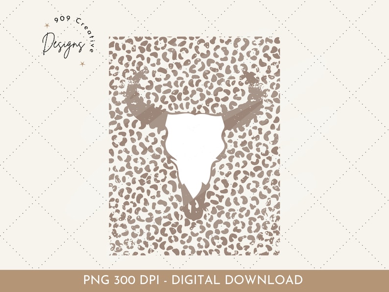 May include: A brown and white animal skull silhouette on a brown leopard print background.