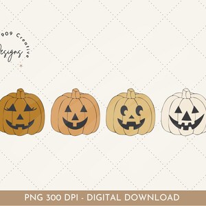 May include: Four cartoon pumpkins in varying shades of orange and cream, each with a carved jack-o'-lantern face. The pumpkins are arranged in a row against a cream-colored background with a diamond pattern. Text at the top reads "909 Designs".