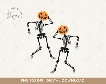 Retro Halloween Pumpkin Head Skeleton PNG, Spooky Season (Digital Download)