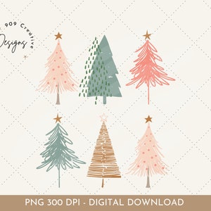 May include: Set of six hand-drawn Christmas tree illustrations in various colours, including pink, green, and brown. Each tree has a gold star on top.