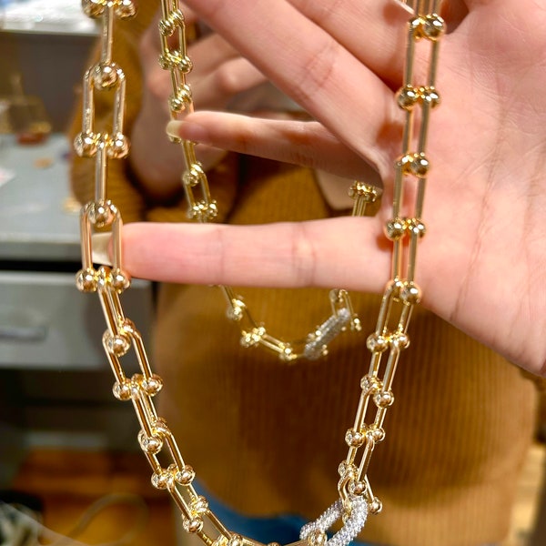Collier à maillons en or 18 carats et argent, collier chaîne en or imperméable, collier chaîne épaisse tendance délicat, chaîne à maillons en U en acier