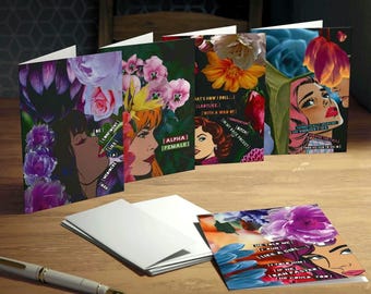 Tarjetas de notas en blanco con diseño floral feminista (5 diseños): Diseños pop art con una ira femenina y feminista descarada.