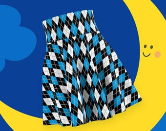 Connie&#39;s Peacock Harlequin Skater Skirt (XS-2XL) | Geometric | Argyle | Soft Touch | Miniskirt | Women | Girls | Blue | Teal