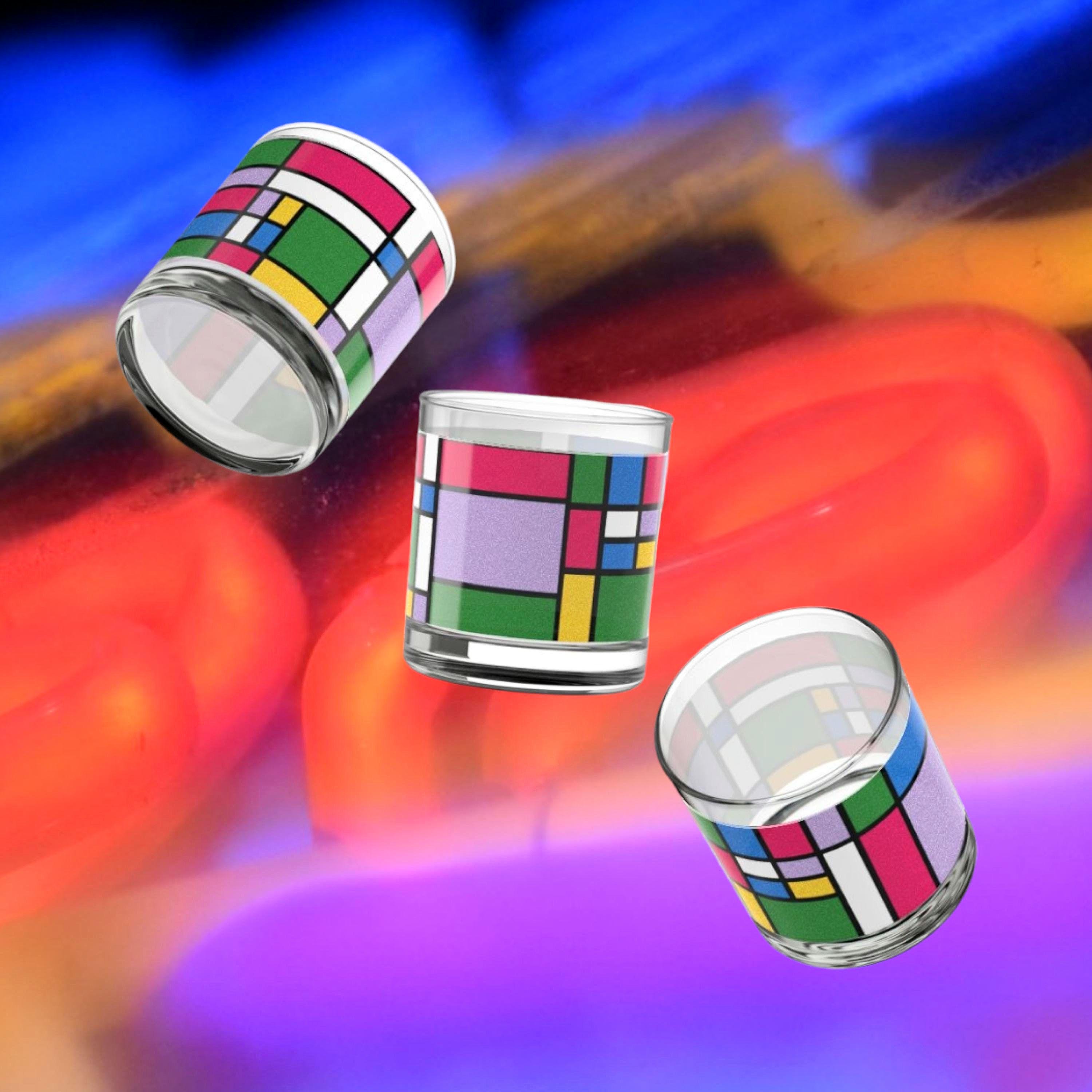Colorblock Whiskey Glass (10oz): Mondrian-Inspired Lowball Shot Art History MCM Glassware