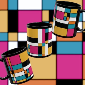 Colorblock No. 2 Black Ceramic Mug | 11 oz. | 15 oz. | Mondrian | Pop Art | Mid-Century Modern | Colorful | Eclectic