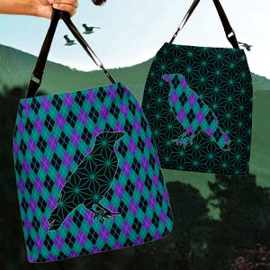 May include: Two tote bags featuring a black, teal, and purple argyle pattern. The left bag displays a black crow silhouette filled with a geometric star pattern, while the right bag shows a crow silhouette in a teal and purple argyle design.