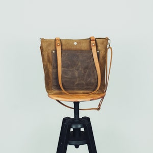 Waxed Canvas and Leather Crossbody and Shoulder Tote Bag - Rowan Tote