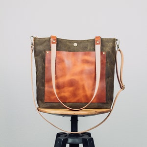 Waxed Canvas and Leather Crossbody and Shoulder Tote Bag - Rowan Tote