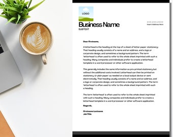 May include: A letterhead template with the text "Business Name" and "SUBTEXT" at the top of the page. The text "Dear Firstname" is at the top of the body of the letter. The letter explains what a letterhead is and how it is used.