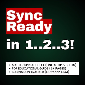 May include: Image with the text "Sync Ready in 1..2..3!". Below the text are bullet points listing a master spreadsheet, a PDF educational guide, and a submission tracker. The background is dark green with red and white text.