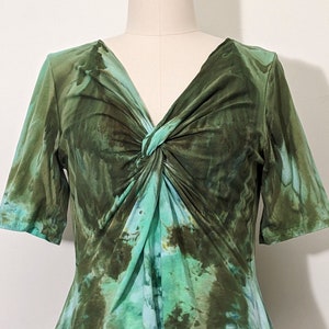 ELFENMAGIC Abstract Dyed Olive Mint Turquoise Twist-Front Tunic w handkerchief hem 100% cotton Extra Large