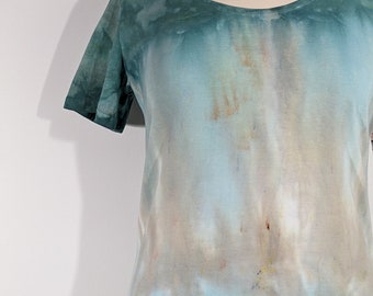SOFTBREEZE Tee Dress in soft painterly wash of teal robin&#39;s egg blue, tan Size XL Extra Large 100% cotton T-shirt dress